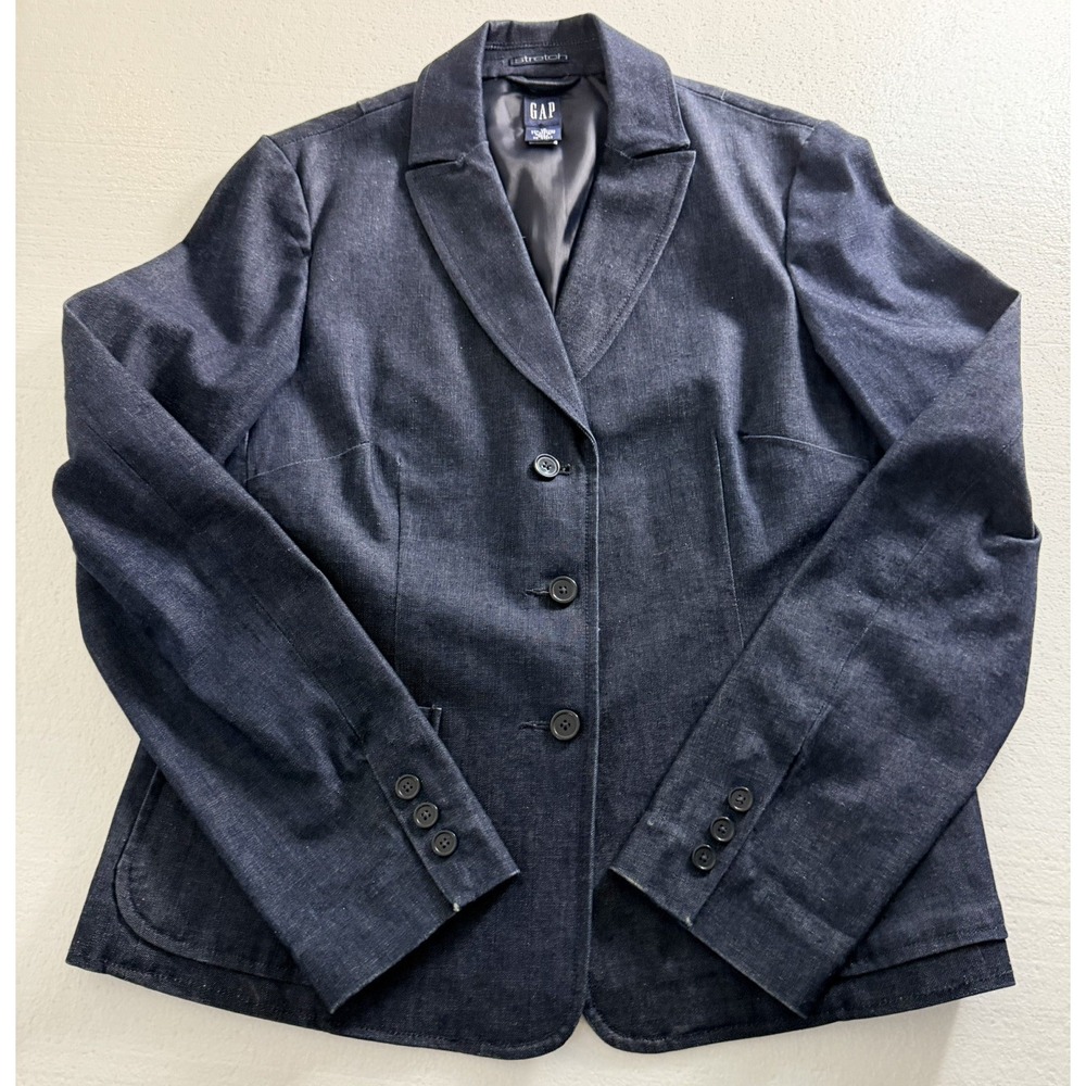 Women's GAP Dark Wash Blue Denim Stretch Blazer Jacket Size 12